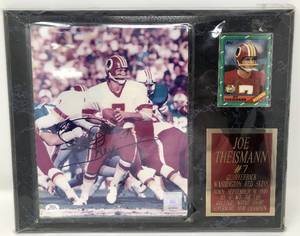 lot 85 image: Joe Theismann Signed 8x10 Photograph in Plaque with 1986 Topps Football Card & Certificate of Authenticity