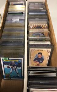 lot 181 image: Two Row Box Full of Baseball & Football Cards with Bowman Rookies - Refractors, Numbered, Hall of Famers