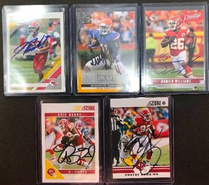 lot 222 image: Five Kansas City Chiefs Signed Football Cards - In Person Signed at Stadium - Eric Berry, Damien Williams, Juan Thornhill, Dewayne Bowe, DeMarcus Robinson