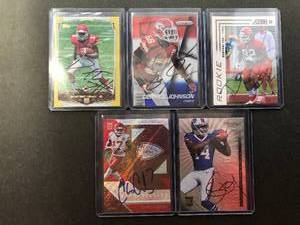 lot 223 image: Five Kansas City Chiefs Signed Football Cards - In Person Signed at Stadium - Derrick Johnson, Chris Conley, Sammy Watkins, Dontarie Poe, DeAnthony Thomas