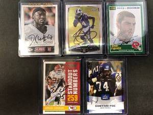 lot 225 image: Five Kansas City Chiefs Signed Football Cards - In Person Signed at Stadium - Jamaal Charles, Eric Fisher, DeAnthony Thomas, Sammy Watkins, Dontari Poe