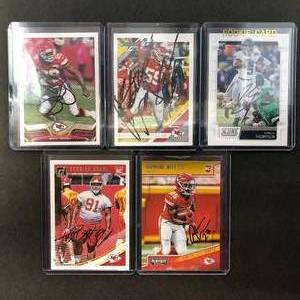 lot 226 image: Five Kansas City Chiefs Signed Football Cards - In Person Signed at Stadium - Eric Berry, Anthony Hitchens, Darwin Thompson, Derrick Nnadi, Armani Watts