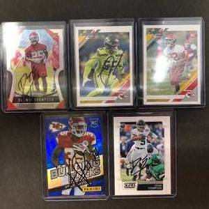 lot 227 image: Five Kansas City Chiefs Signed Football Cards - In Person Signed at Stadium - Frank Clark, Darwin Thompson x2, Juan Thornhill, Knile Davis