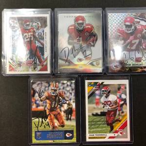 lot 228 image: Five Kansas City Chiefs Signed Football Cards - In Person Signed at Stadium - Jamaal Charles, DeAnthony Thomas, Chris Conley, Juan Thornhill, Demarcus Robinson