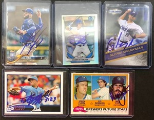 lot 230 image: Five Kansas City Royals Signed Baseball Cards - In Person Signed at Stadium -  Ned Yost Rookie, Danny Duffy, Glenn Sparkman, Bubba Starling, Jakob Junis