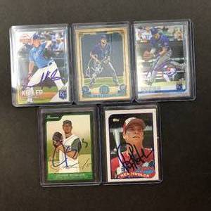 lot 239 image: Five Kansas City Royals Signed Baseball Cards - In Person Signed at Stadium - Brad Keller, Rex Hudler, James Shields, Brett Phillips, Hunter Dozier