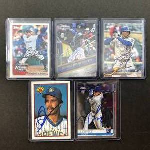 lot 241 image: Five Kansas City Royals Signed Baseball Cards - In Person Signed at Stadium - Dale Sveum, Nicky Lopez, Aaron Crown, Jorge Bonifacio, Jorge Soler