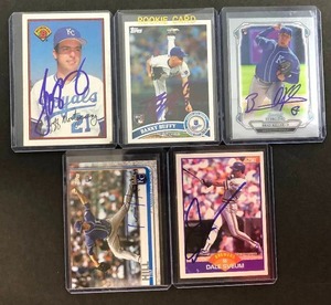 lot 242 image: Five Kansas City Royals Signed Baseball Cards - In Person Signed at Stadium - Jeff Montgomery, Danny Duffy, Brad Keller, Tim Hill, Dale Svuem