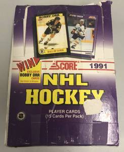 lot 279 image: 1991 Score Hockey Wax Box with 36 Factory Sealed Hockey Trading Card Packs