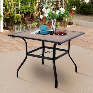 lot 75746 image: MF Studio Patio Dinning Table 37 Square Backyard Outdoor Bistro Table Patio Furniture Table with Wooden like Surface Top, 1.7 Umbrella Hole, Steel Frame