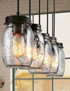 lot 75773 image: The Gray Barn Modern Farmhouse 5-Light Oil-Rubbed Bronze Linear Faux Wood Chandelier DIY Jar Glass Pendant Retail$269.99