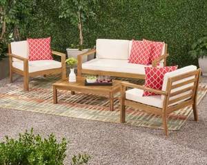 lot 75783 image: Santa Ana Outdoor 4 Seater Acacia Wood Chat Set with Cushions by Christopher Knight Home