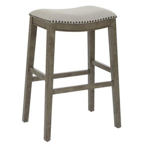 lot 75800 image: OSP Home Furnishings Saddle Stool 30 in Grey Fabric and Antique Grey Base 2-Pack