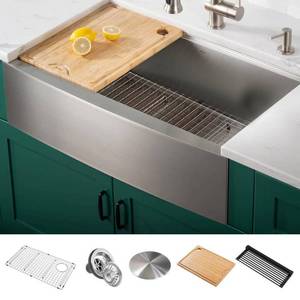 lot 67202 image: KRAUS Kore�� Workstation 33-inch 16 Gauge Stainless Steel Single Bowl Farmhouse Kitchen Sink with Accessories (Pack of 5)
