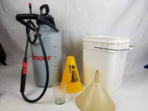 lot 4326 image: Pump Up Weed Sprayer and Funnels - with Bucket