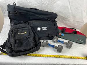 lot 4095 image: Two 10 lb. Hand Weights - Red Cross Bag, and Set of travel bags