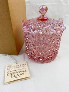 lot 4111 image: Gorgeous Pink FENTON CARNIVAL GLASS Candy Dish with Cover w Original Packaging