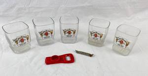lot 4130 image: Set of 5 JIM BEAN Whiskey Glasses, and Two Bottle Openers