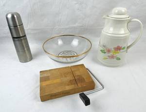 lot 4143 image: Hickory Farms Cheese Cutting Board, Beautiful Glass Bowl w Gold Rim, Thermal Pitcher and Thermos