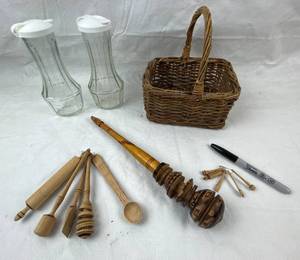 lot 4147 image: Lot of Wooden Kitchen Items - Unique Mixers, Spoons and More - Nice Basket and 2 Vintage Good Seasons Mixing Jars