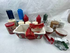 lot 4148 image: Large Lot of Candles, Candle Holders, Christmas Baking Dish and Cookie Cutters - Most Candles are new