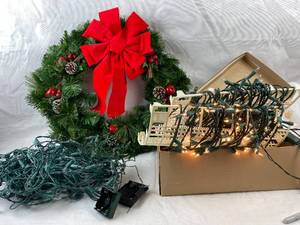 lot 4162 image: Christmas Wreath and Box of Christmas Lights and Battery Operated Lights