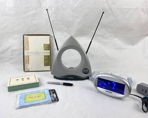 lot 4163 image: Antenna, w manual, SHARP Clock Radio and Stationary  Thank you notes