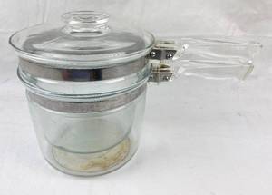 lot 4128 image: Vintage PYREX Double Boiler 6283-D C-22 - 1-12 Qt and 2 Qt. Set with Lid