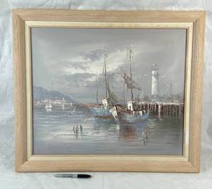 lot 4172 image: Beautiful Framed Large Acrylic Painting - Sailboat Harbor - See pics for measurements