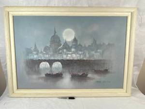 lot 4173 image: Beautiful Framed Large Acrylic Painting - Night Water Landscape - See pics for measurements