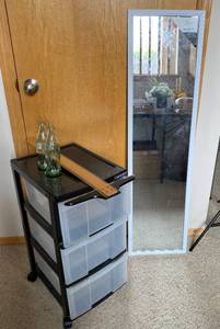 lot 4183 image: Rolling Drawer Storage Compartment - Full Length Mirror, COCA COLA Bottles and Drafting T-Square