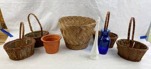 lot 4189 image: Great Lot of Decorative Baskets and Milk Glass White Hobnail and Cobalt Blue Vase - Note Floral Shops are having a hard time stocking these