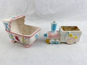 lot 4196 image: Vintage Baby Nursery Floral Planters Rubens, L.A. Cradle Lambs Flowers 130XX Japan 1966 AND Inarco Baby Bottle Choo Choo Train Nursery - Great Pair