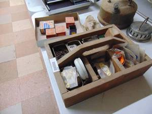 lot 1562 image: Wooden ToolOrganizer Box With Contents