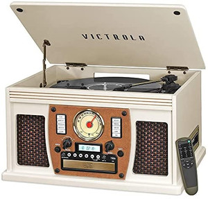 lot 10389 image: Victrola 8-in-1 Bluetooth Record Player & Multimedia Center, Built-in Stereo Speakers - Turntable, Wireless Music Streaming, Real Wood  White appears to be new