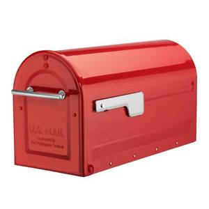lot 10391 image: Boulder Post Mount Mailbox Red with Silver Flag and Silver Handle