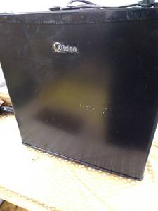 lot 10743 image: Midea WHD-113FB1 Double Door Mini Fridge with Freezer for Bedroom Office or Dorm with Adjustable Remove Glass Shelves Compact Refrigerator, 3.1 cu ft, Black