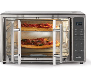 lot 10763 image: Oster Air Fryer Countertop Toaster Oven, French Door and Digital Controls, Stainless Steel, Extra Large, 42 L (Dented top) Works