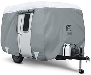 lot 10936 image: Classic Accessories Over Drive PolyPRO3 Molded Fiberglass Travel Trailer Cover, Fits 8 - 10 Trailers (80-294-143101-RT)(Retail price $129)