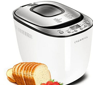 lot 15905 image: CROWNFUL Automatic Bread Machine, 2LB Programmable Bread Maker with Nonstick Pan and 12 Presets, 1 Hour Keep Warm Set , 2 Loaf Sizes, 3 Crust Colors, Recipe Booklet Included, ETL Listed (White)