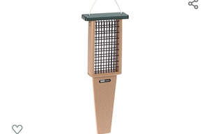 lot 60967 image: Birds Choice SNPS Recycled Double Cake Pileated Suet Feeder, Suet Feeders, 2 Suet Cakes, 8L X 3W X 22-12H, Taupe Base w Green Roof