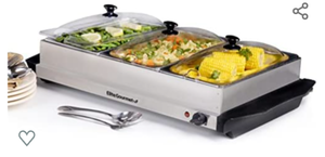 lot 60968 image: Elite Gourmet Elite Platinum EWM-6171# Maxi-Matic 7.5 Quart Triple Buffet Server Food Warmer Temperature Control, Clear Slotted Lids, Perfect for Parties, Entertaining & Holidays, Stainless Steel