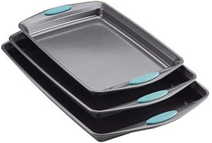 lot 3675 image: Rachael Ray Bakeware Nonstick Cookie Pan Set, 3-Piece, Gray with Agave Blue Grips