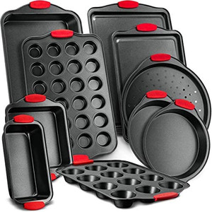lot 6977 image: Nutrichef w Heat Red Silicone Handles, Oven Safe up to 450°F, Cookware Set - 7 Pieces
