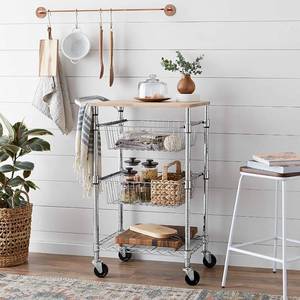 lot 7567 image: Amazon Basics 3-Tier Metal Basket Rolling Cart with Wood Top