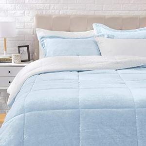 lot 1697 image: Amazon Basics Ultra-Soft Micromink Sherpa Comforter Bed Set - Smoke Blue, King