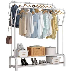 lot 7617 image: UDEAR Garment Rack Freestanding Hanger Double Rods Multi-functional Bedroom Clothing Rack, Double Layer, 4 Hooks, White