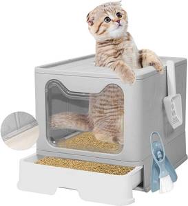 lot 7626 image: Q-Hillstar Large Top Entry Cat Litter Box with Lid, Foldable Cat Litter Box with Scoop, Extra Large Cat Litter Box Covered, Anti-Splashing Enclosed Cat Toilet Box (Gray)