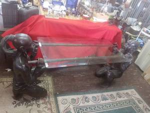 lot 1000 image: Cool 5 Piece Bronze And Glass Asian Themed Table Signed C.M Clodian