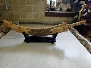 lot 1012 image: Vintage Chinese Hand Carved Bone Knife With Scabbard And Stand